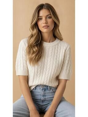 DKNY Jeans NWT Women’s Cotton Elbow Length Cable Knit Sweater In Ivory-Medium